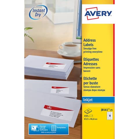 Etichette bianche per buste AVERY QuickDRY™ 63,5x46,6 mm - 18 et/foglio - stampanti inkjet - cf. 25 fogli J8161-25